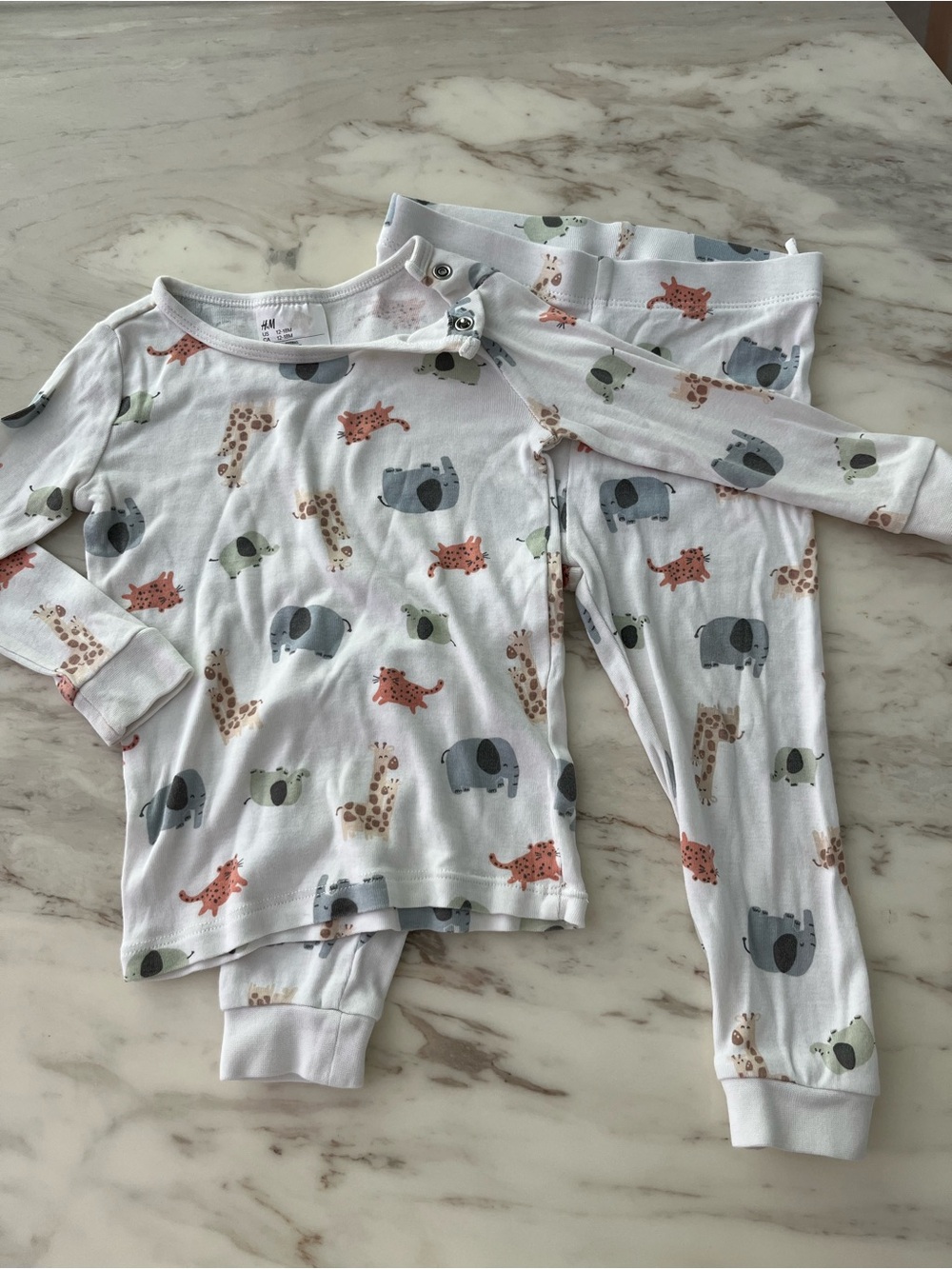 H&M White Kids Pajama Set with Gray Elephants and Multi-Colored Animal Prints